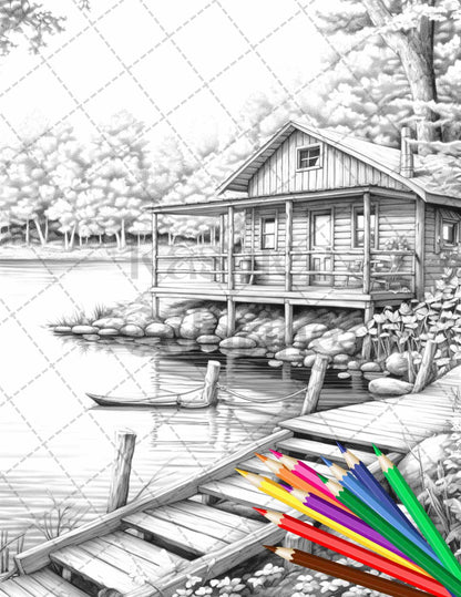 Lake Cabin Scenery Grayscale Coloring Pages Printable for Adults, PDF File Instant Download