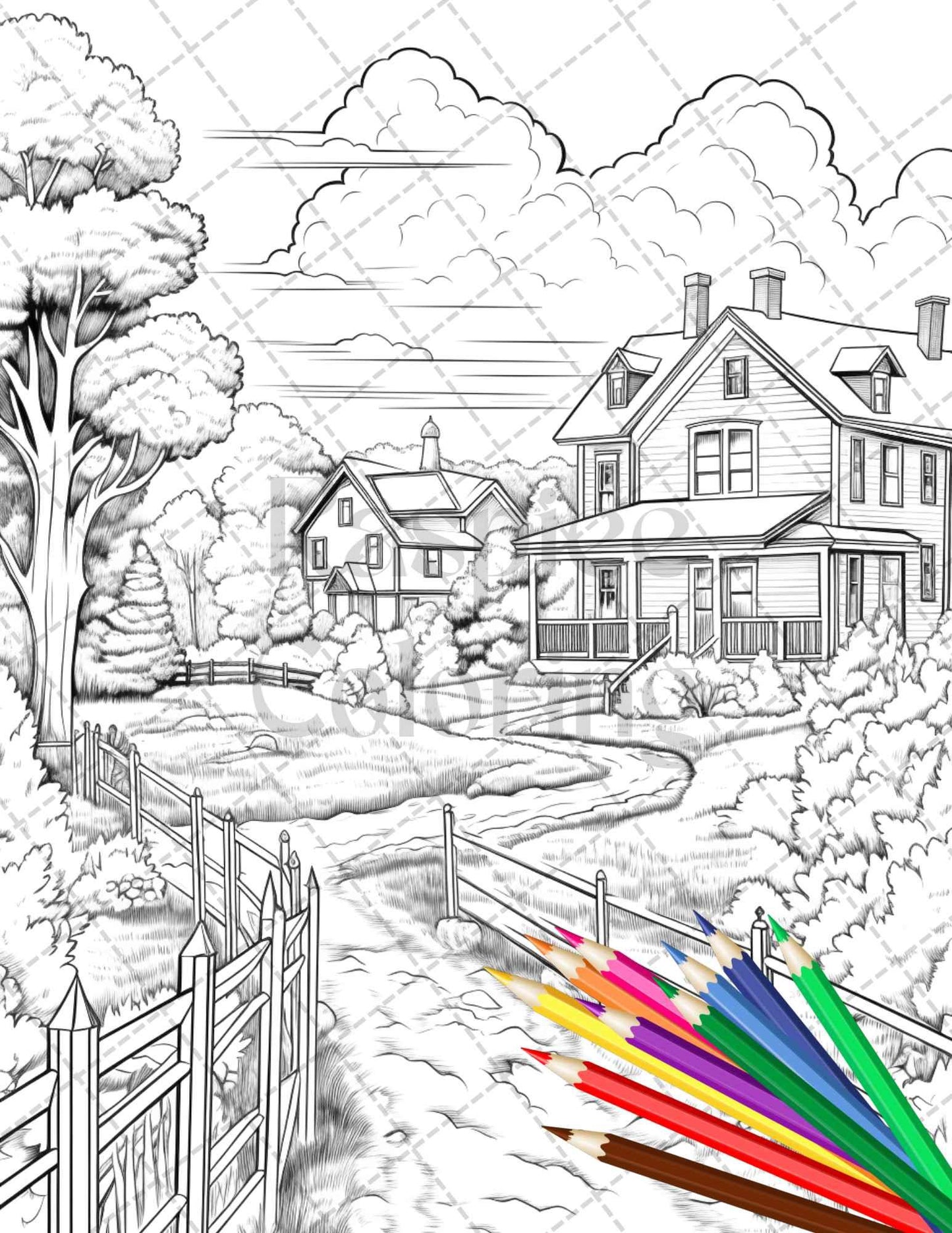 Charming Farmhouse Scenery Grayscale Coloring Pages Printable for Adults, PDF File Instant Download