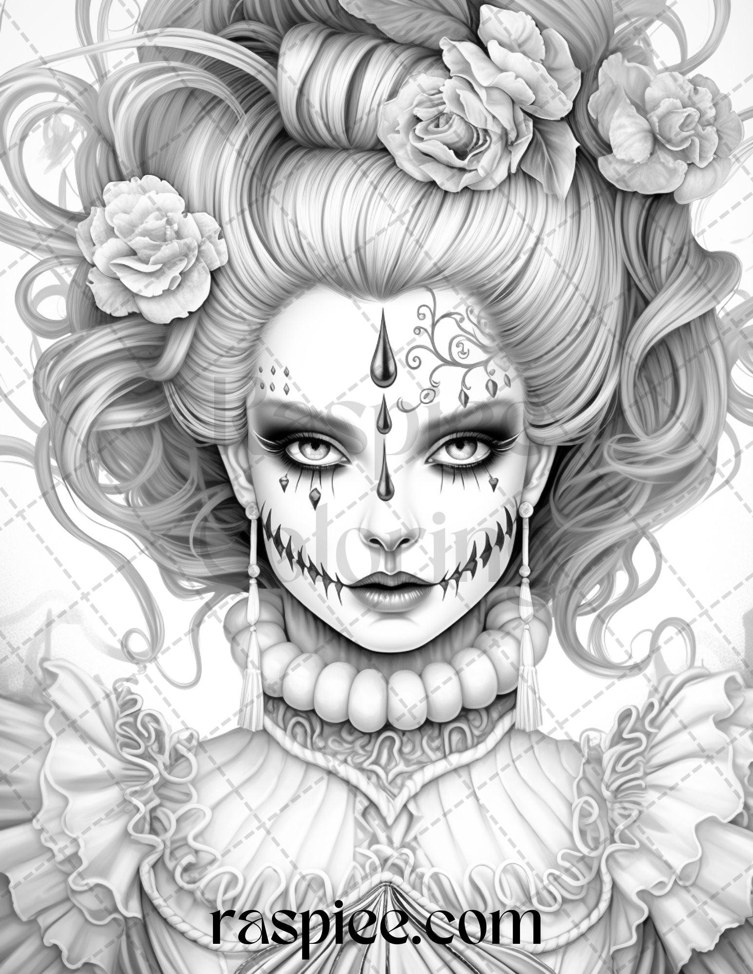 55 Halloween Girls Grayscale Coloring Pages Printable for Adults, PDF File Instant Download