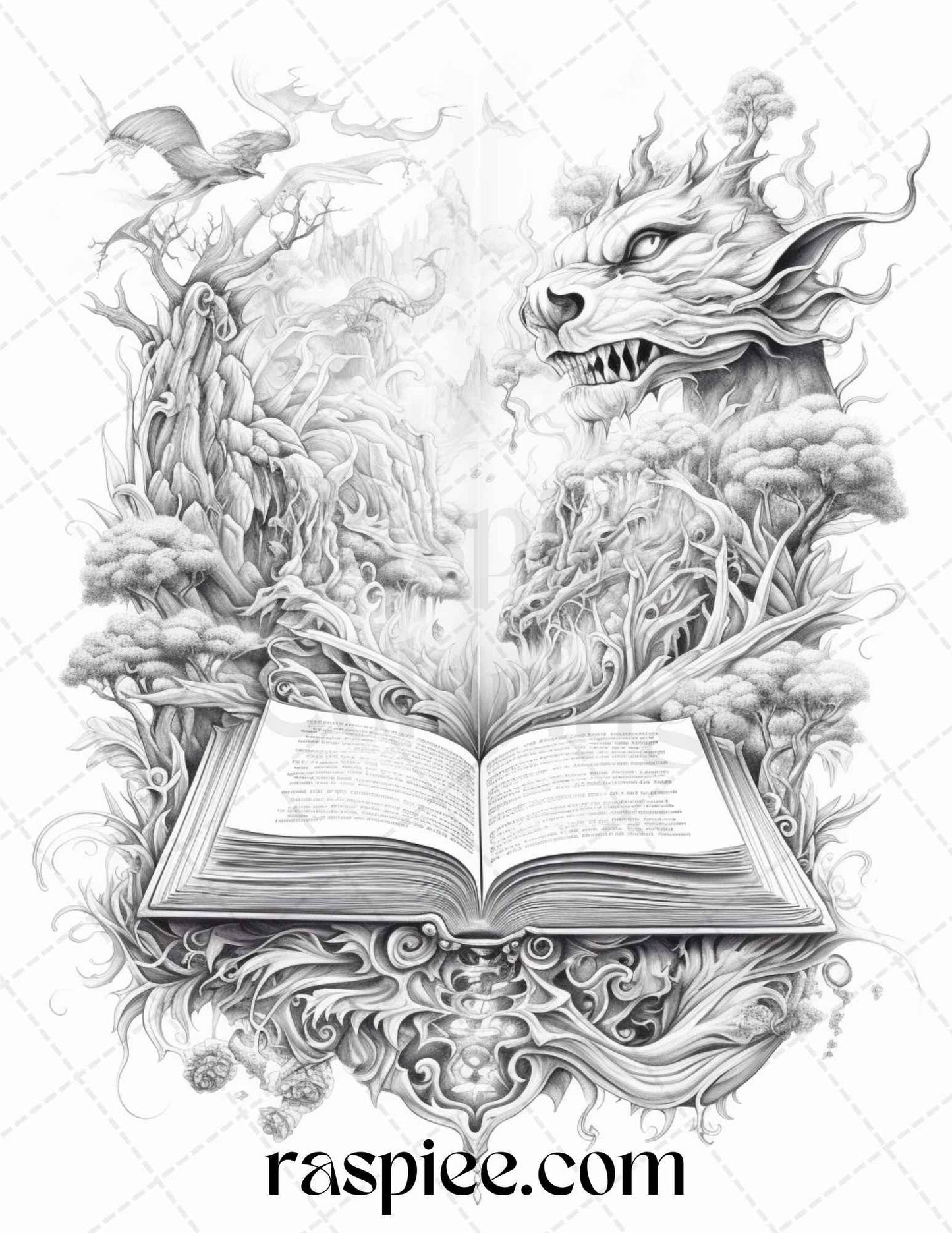 50 Magical Books Grayscale Coloring Pages Printable for Adults, PDF File Instant Download