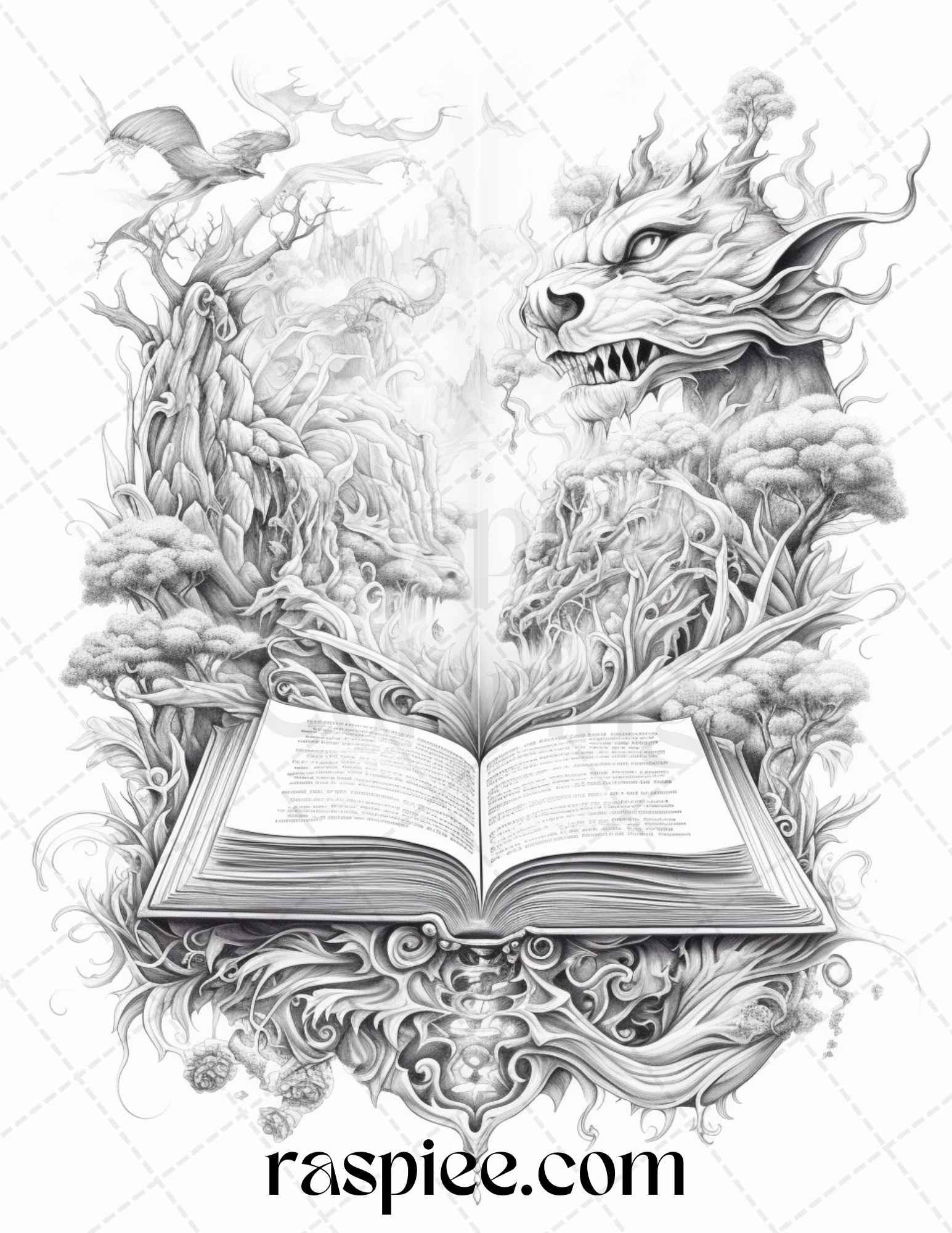 50 Magical Books Grayscale Coloring Pages Printable for Adults, PDF File Instant Download