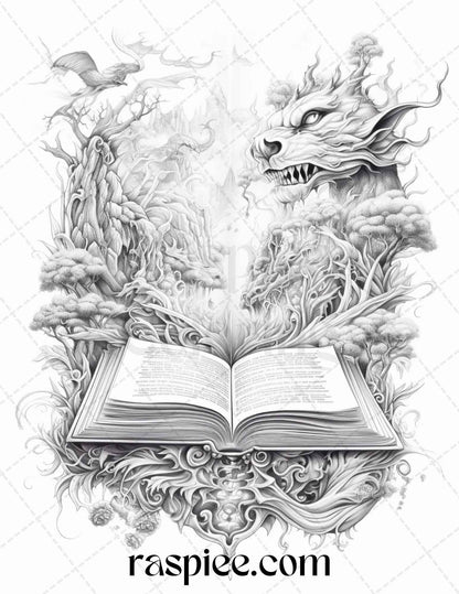 50 Magical Books Grayscale Coloring Pages Printable for Adults, PDF File Instant Download