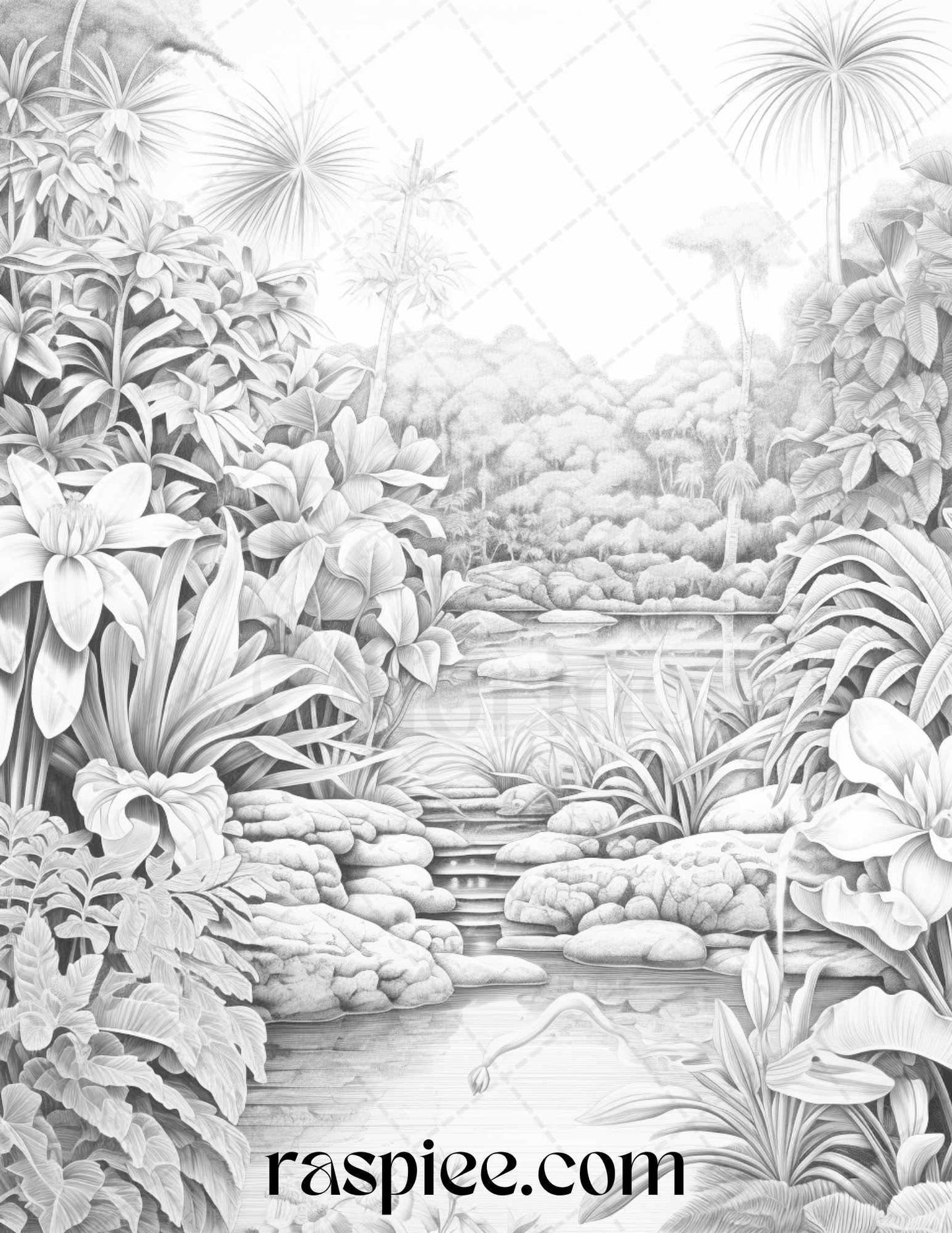 52 Tropical Oasis Grayscale Coloring Pages Printable for Adults, PDF File Instant Download