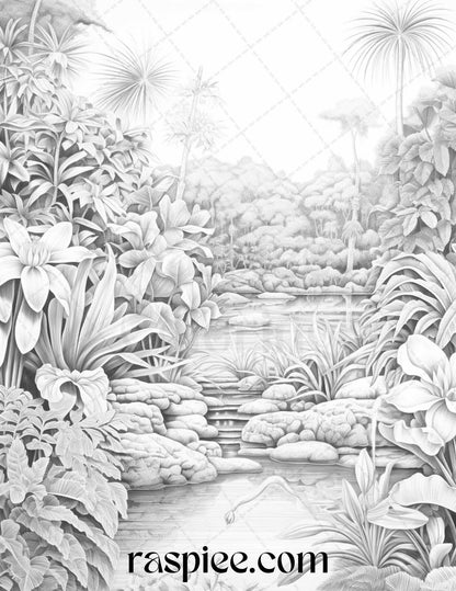 52 Tropical Oasis Grayscale Coloring Pages Printable for Adults, PDF File Instant Download
