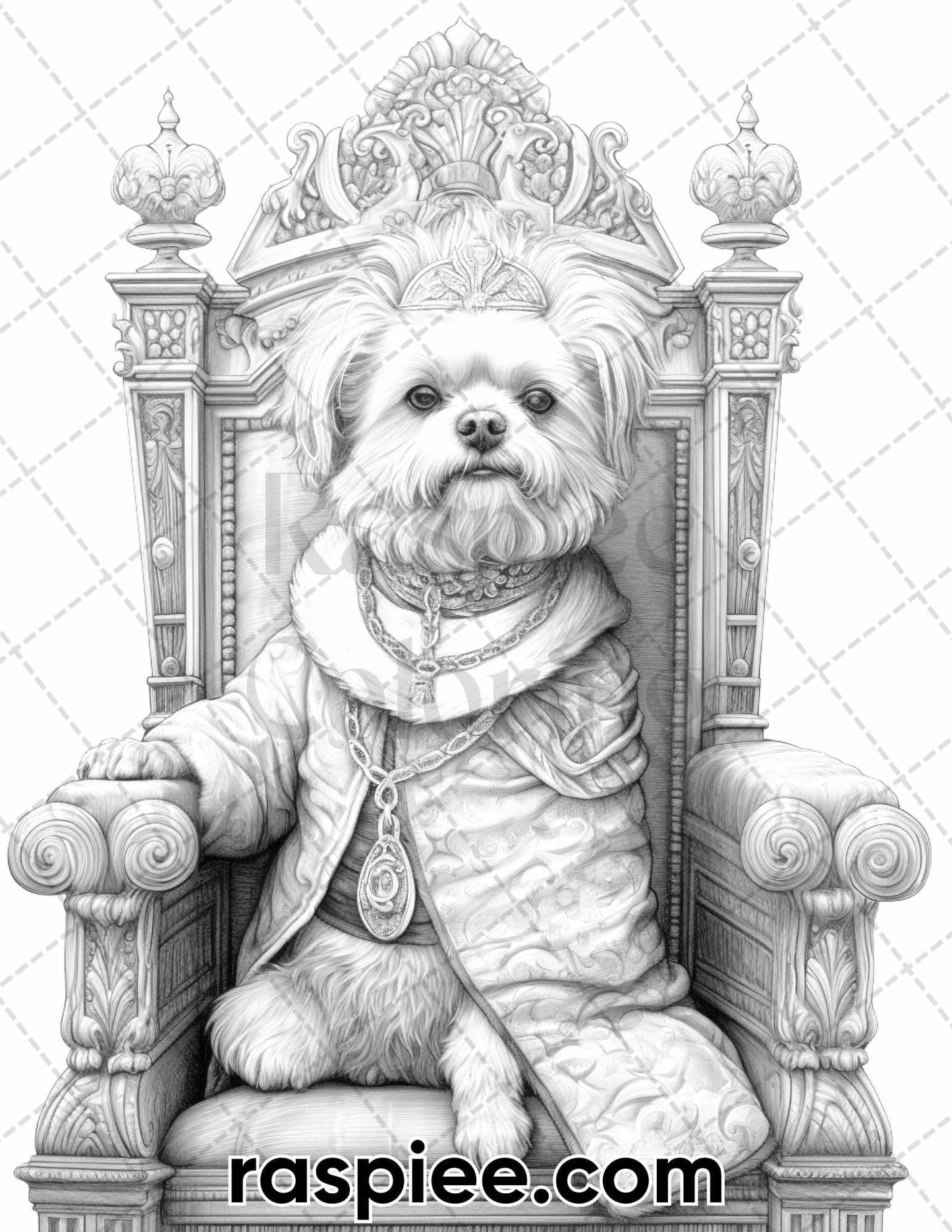 50 Royal King Dog Grayscale Coloring Pages for Adults, Printable PDF Instant Download