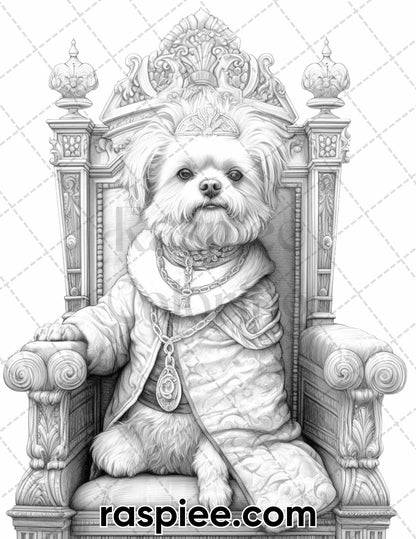50 Royal King Dog Grayscale Coloring Pages for Adults, Printable PDF Instant Download