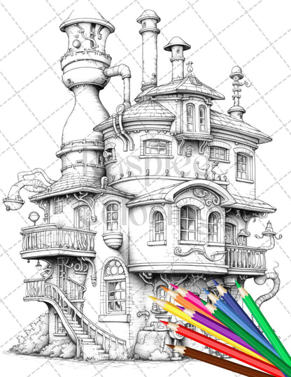 50 Steampunk Houses Grayscale Coloring Pages Printable for Adults, PDF File Instant Download