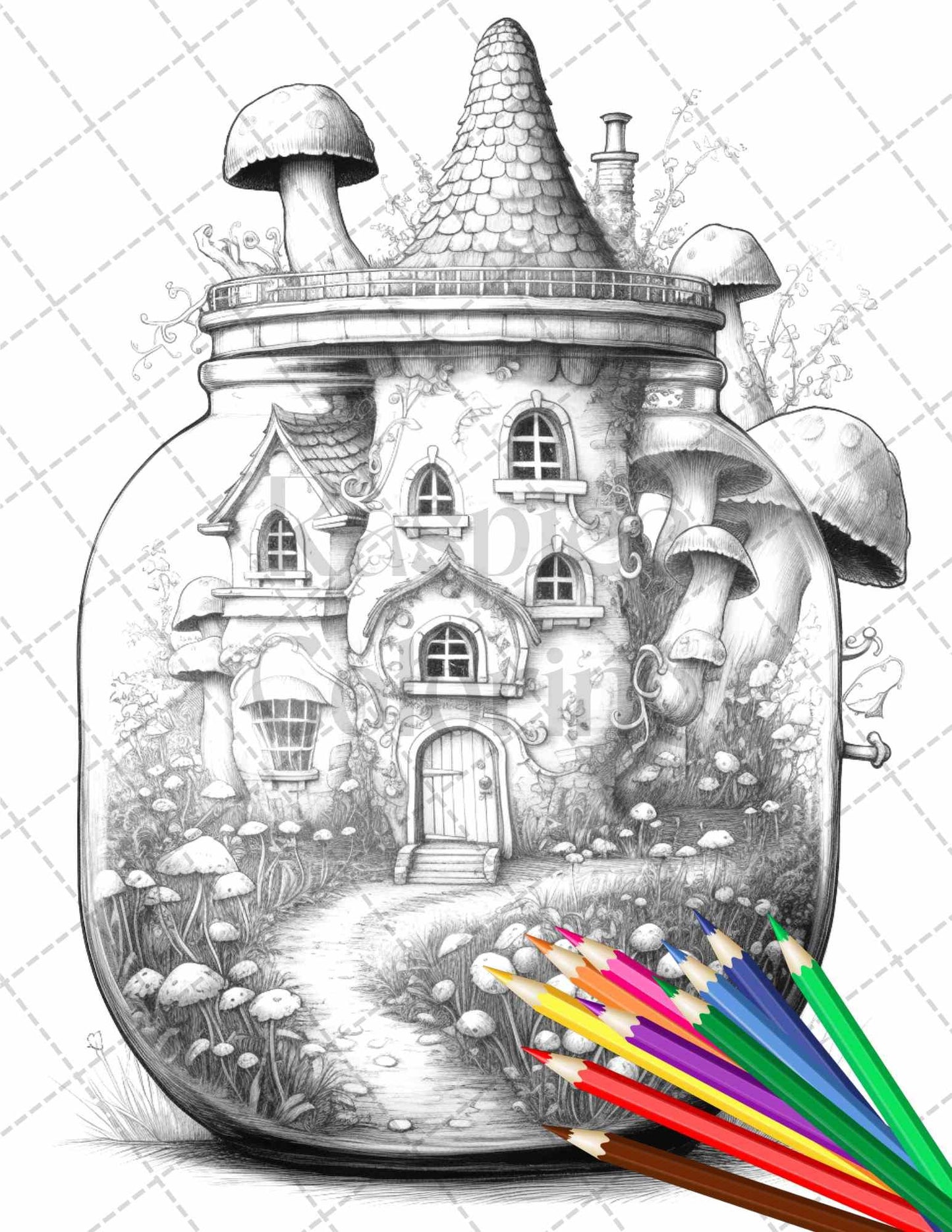 Fairy House in Jar Grayscale Coloring Pages Printable for Adults, PDF File Instant Download