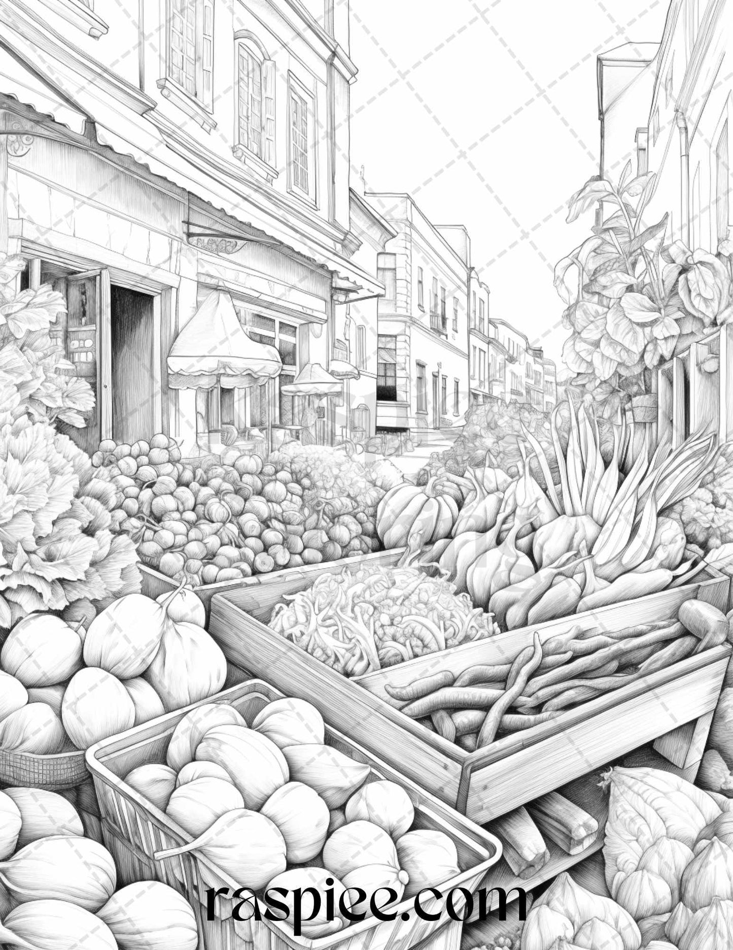 Autumn Street Markets Grayscale Coloring Pages for Adults, Printable PDF File Instant Download