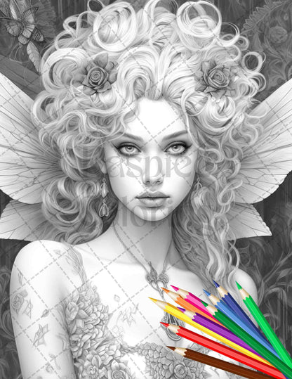 Beautiful Dark Fairy Grayscale Coloring Pages Printable for Adults, PDF File Instant Download