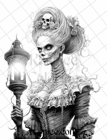60 Halloween Victorian Era Grayscale Coloring Pages Printable for Adults, PDF File Instant Download