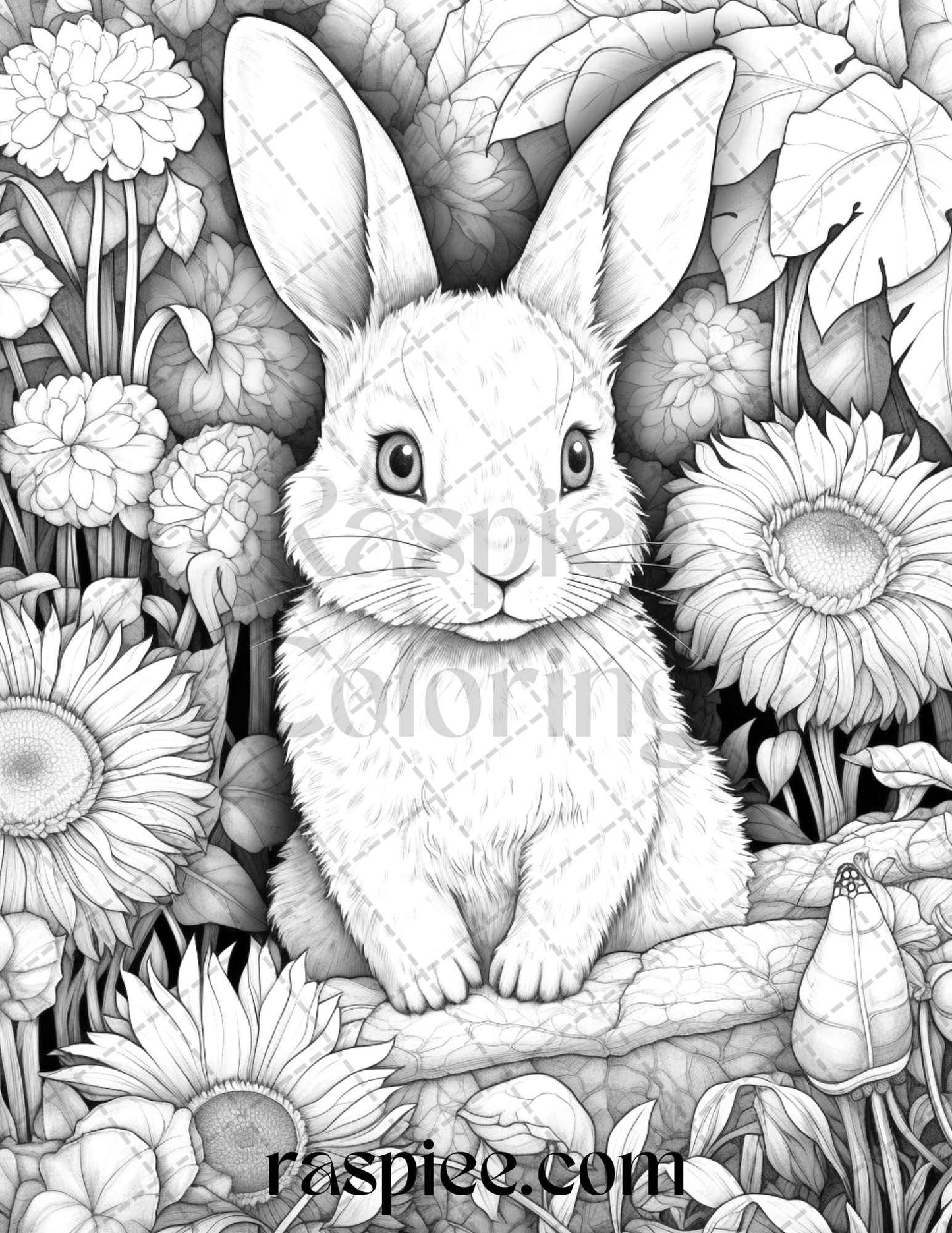 50 Rabbit Garden Grayscale Coloring Pages Printable for Adults, PDF File Instant Download