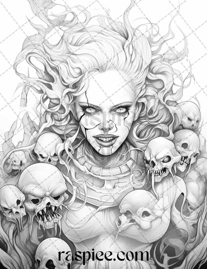 50 Scary Clown Girls Grayscale Coloring Pages Printable for Adults, PDF File Instant Download