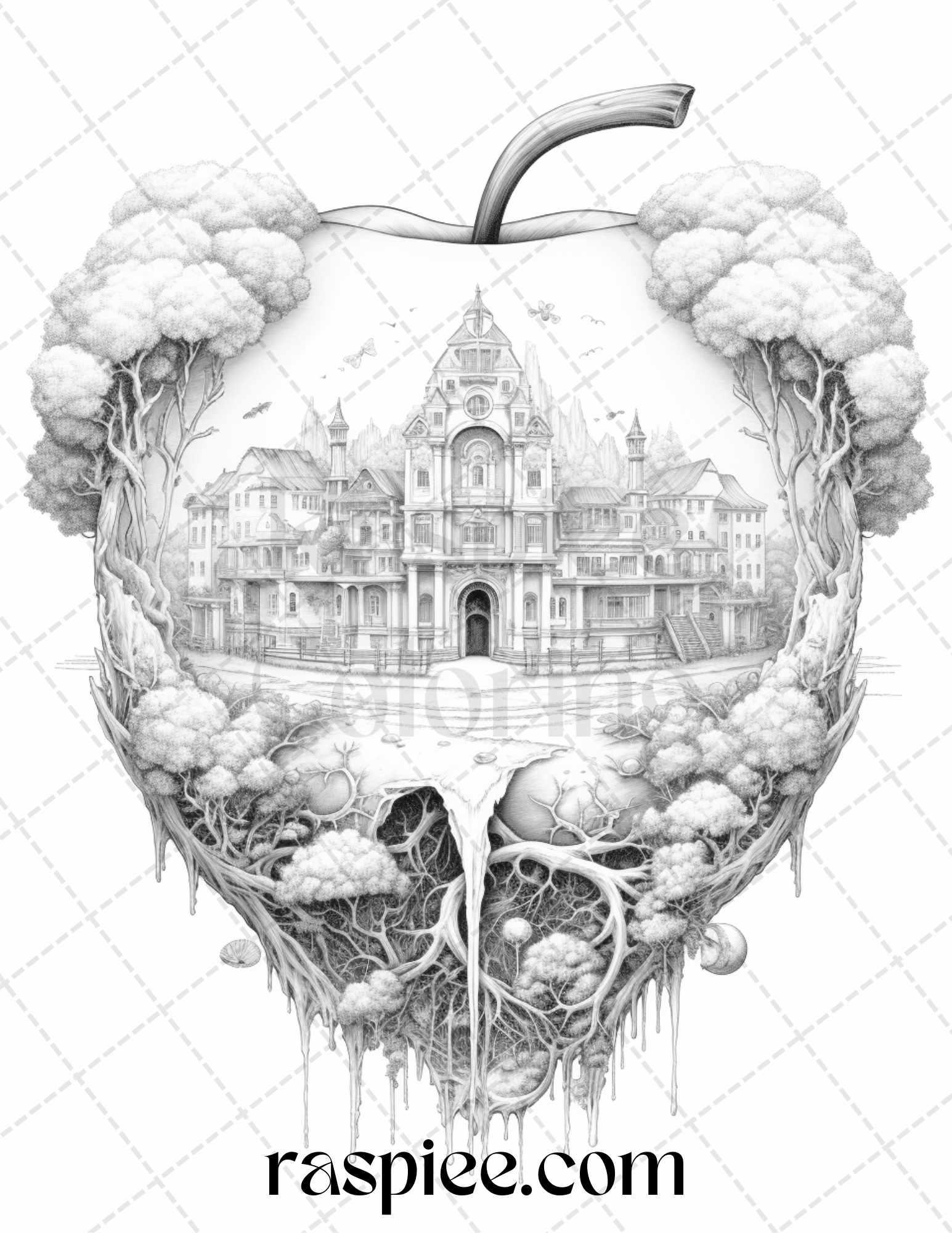 60 Miniworld in the Apple Grayscale Coloring Pages Printable for Adults, PDF File Instant Download