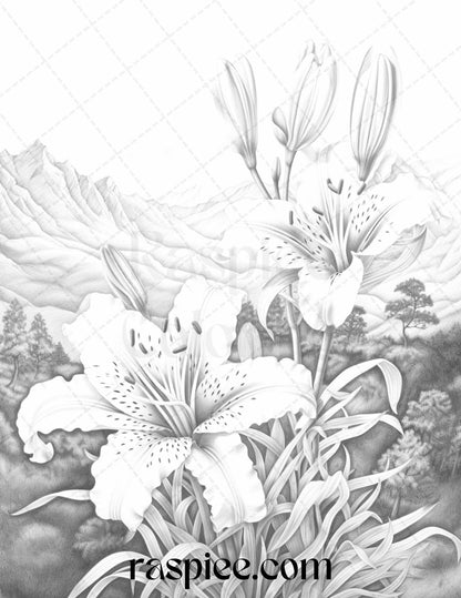 60 Mountain Flower Landscapes Grayscale Coloring Pages Printable for Adults, PDF File Instant Download