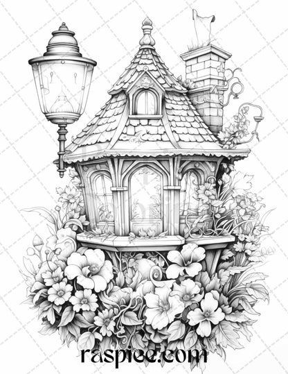 50 Lantern Fairy Houses Grayscale Coloring Pages Printable for Adults, PDF File Instant Download