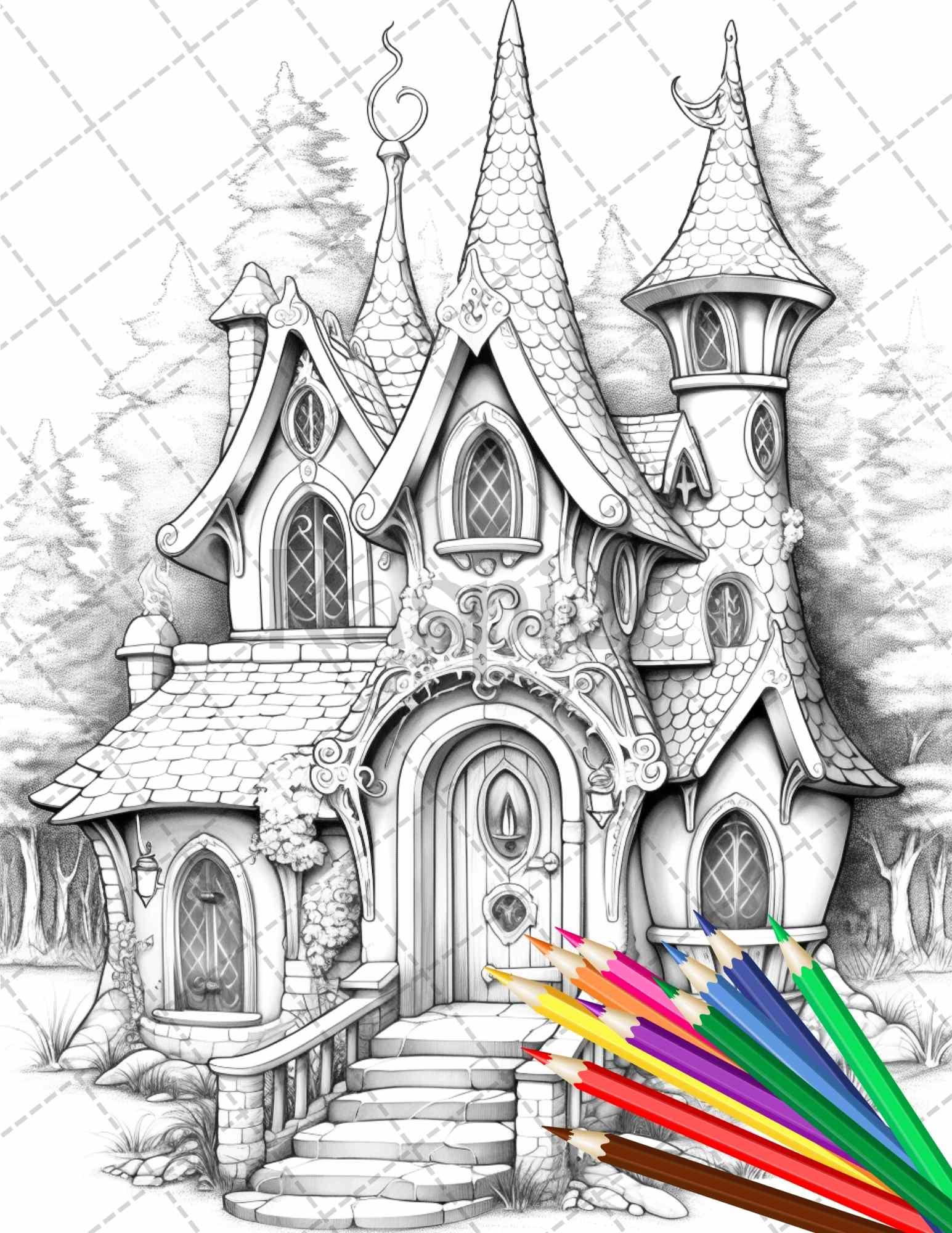 63 Winter Fairy Houses Grayscale Coloring Pages Printable for Adults, PDF File Instant Download