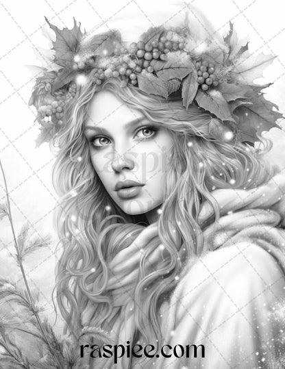 50 Winter Fairy Grayscale Coloring Pages Printable for Adults, PDF File Instant Download