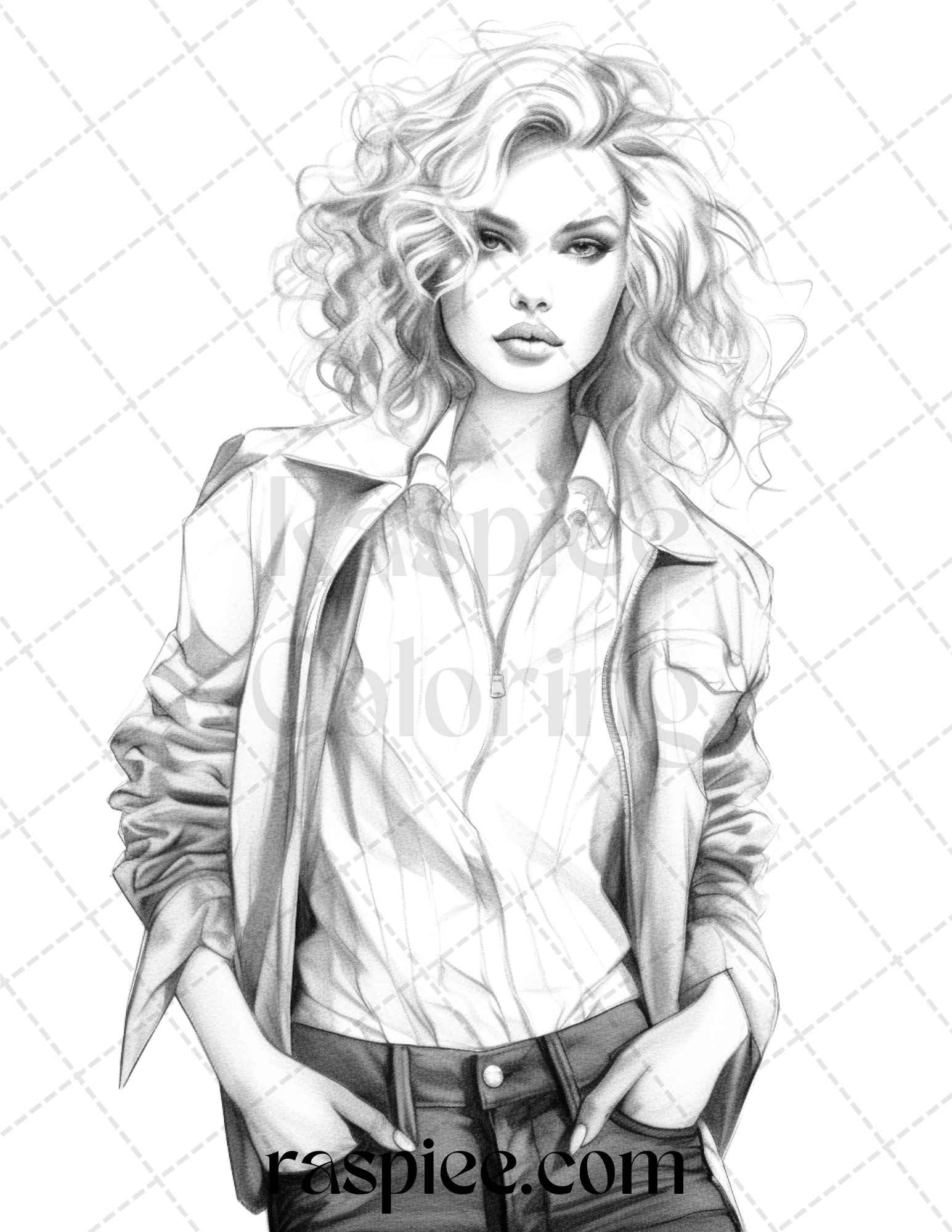 50 Streetwear Fashion Grayscale Coloring Pages Printable for Adults, PDF File Instant Download