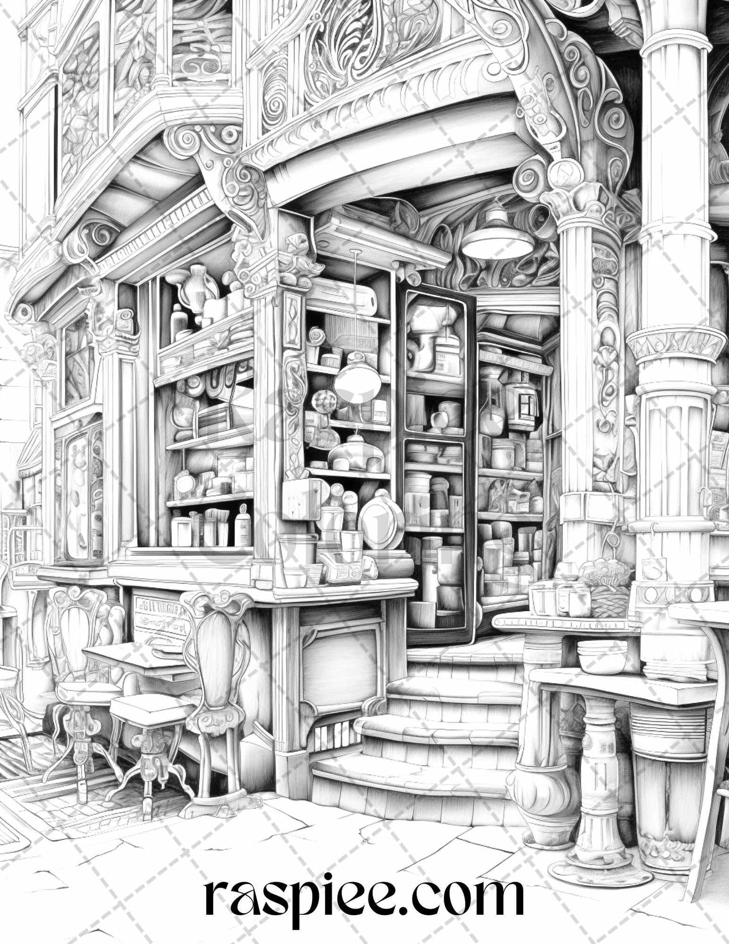 50 Cozy Coffee Shop Grayscale Coloring Pages Printable for Adults, PDF File Instant Download