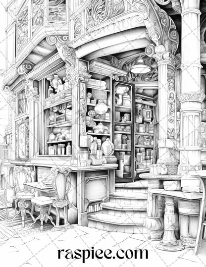 50 Cozy Coffee Shop Grayscale Coloring Pages Printable for Adults, PDF File Instant Download