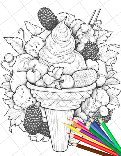 52 Printable Ice Cream Desserts Coloring Pages for Adults and Kids, Grayscale Coloring Page, PDF File Instant Download