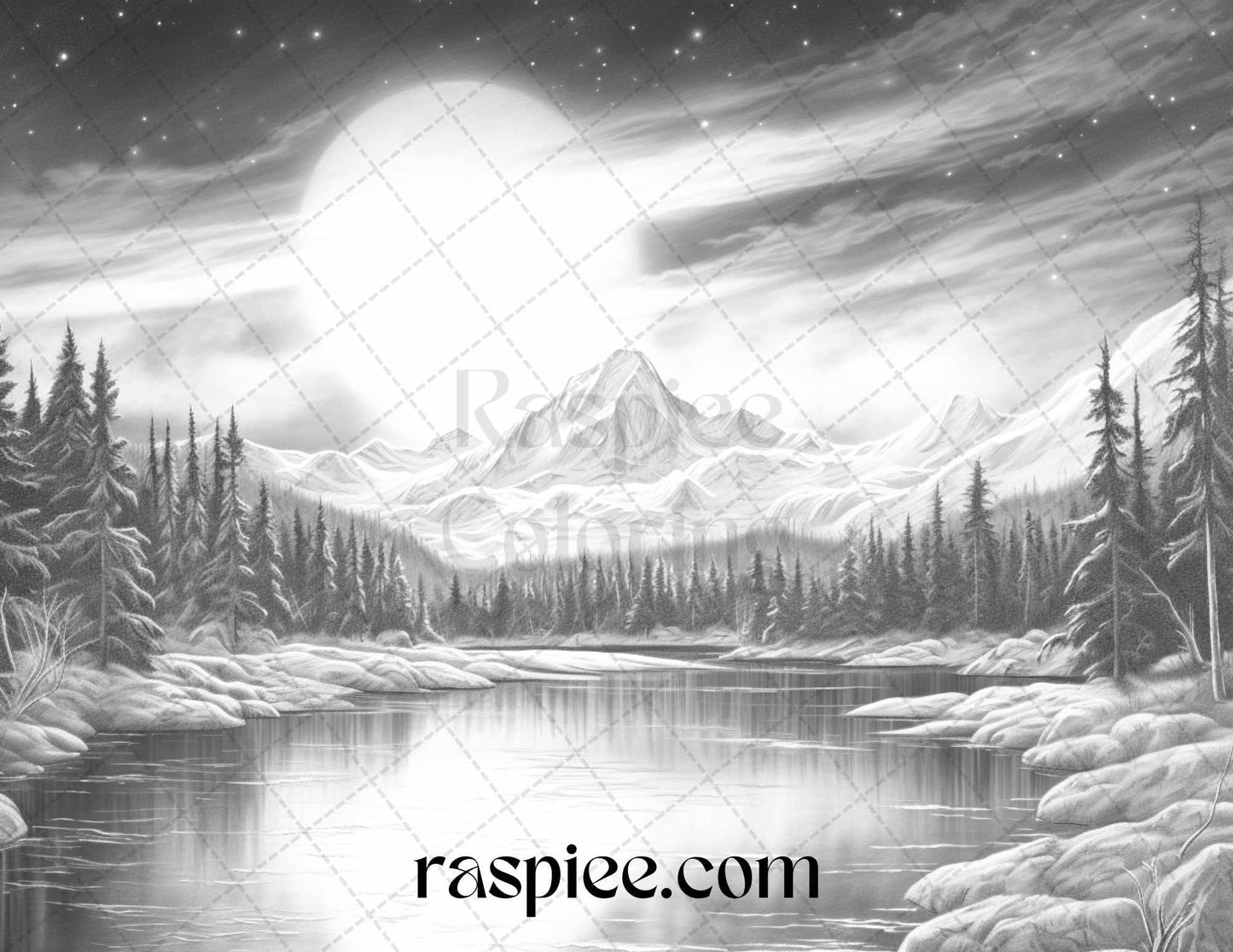 Aurora Borealis Landscape Grayscale Coloring Pages for Adults, Printable PDF File Instant Download