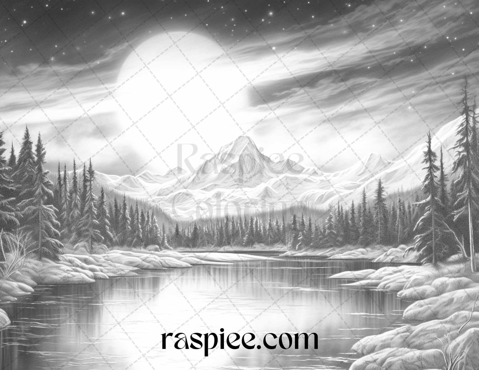 Aurora Borealis Landscape Grayscale Coloring Pages for Adults, Printable PDF File Instant Download