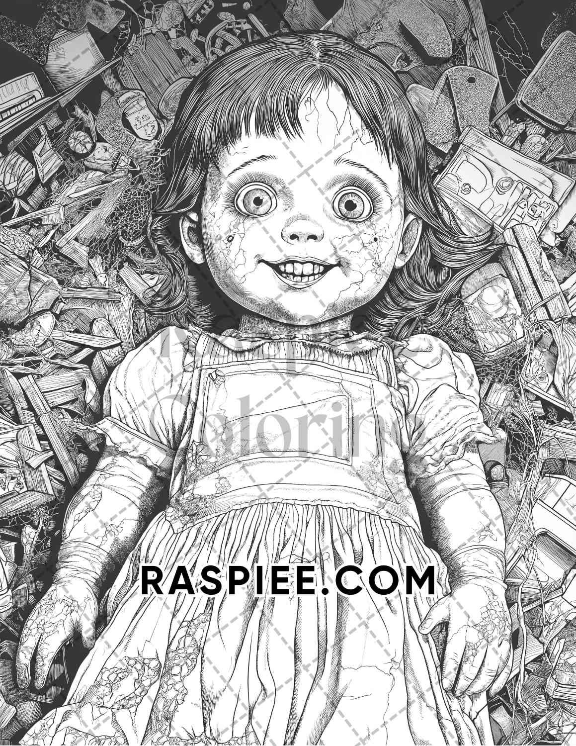 Haunted Dolls Halloween Horror Adult Coloring Pages Printable PDF Instant Download