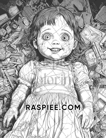 Haunted Dolls Halloween Horror Adult Coloring Pages Printable PDF Instant Download