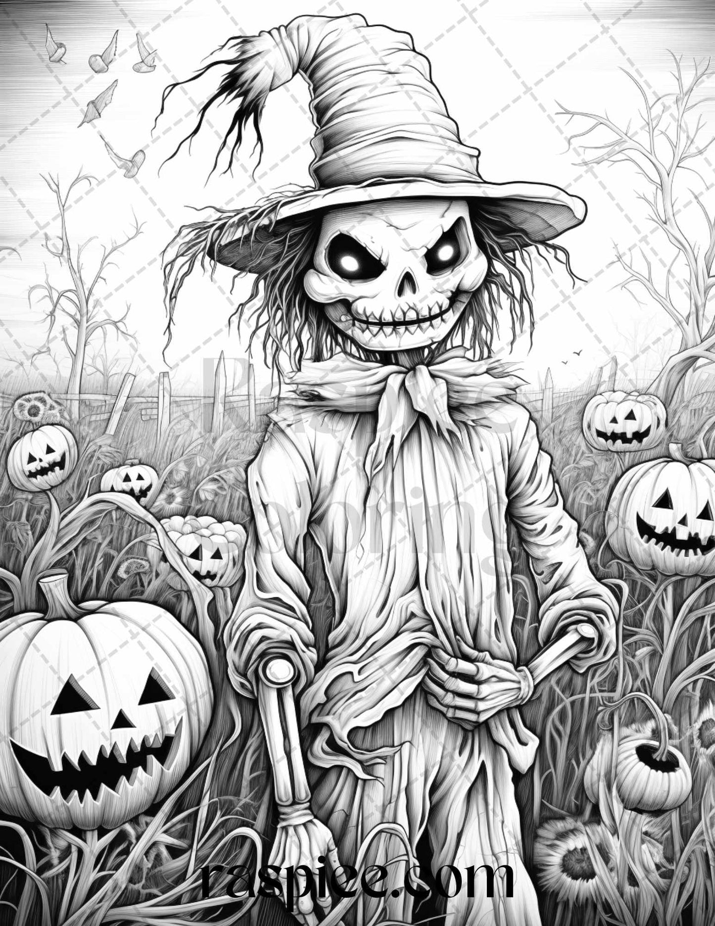 50 Halloween Scarecrows Grayscale Coloring Pages Printable for Adults, PDF File Instant Download
