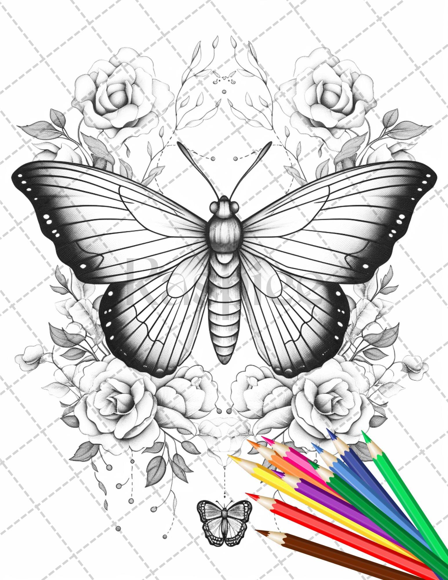 32 Beautiful Moths and Floral Coloring Book for Adults, Grayscale Coloring Page, Printable PDF Instant Download