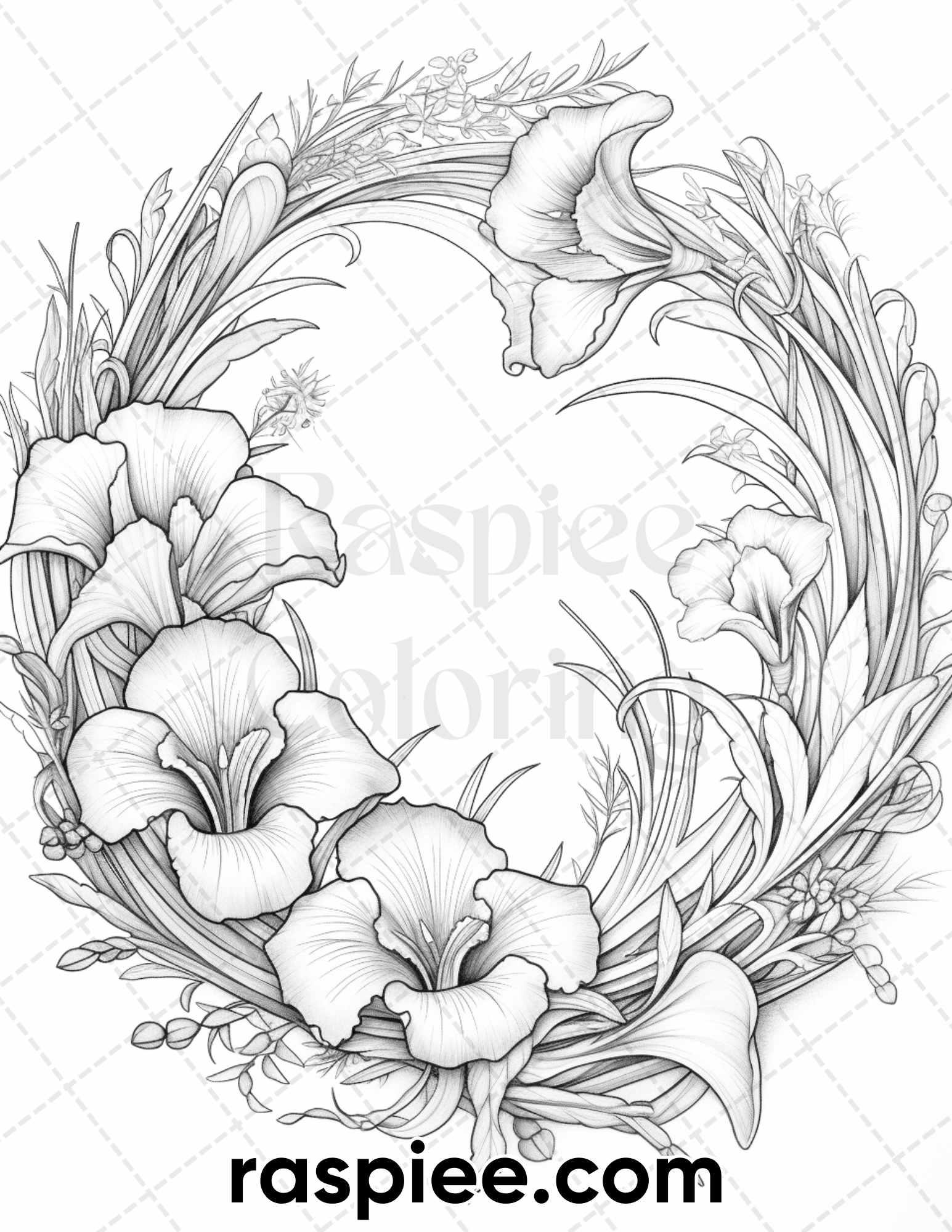 65 Spring Floral Wreaths Grayscale Adult Coloring Pages, Printable PDF Instant Download