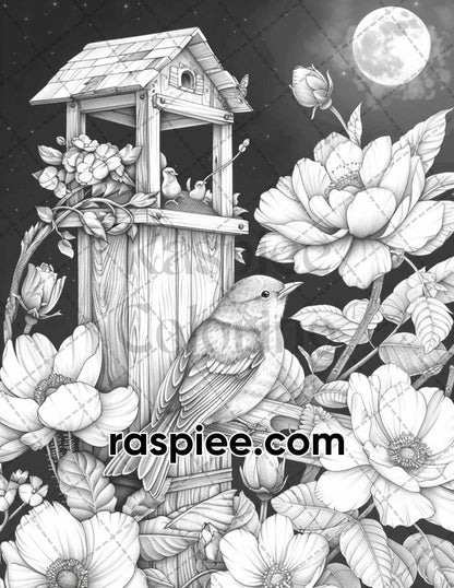 70 Enchanted Birdhouses Grayscale Adult Coloring Pages, Printable PDF Instant Download