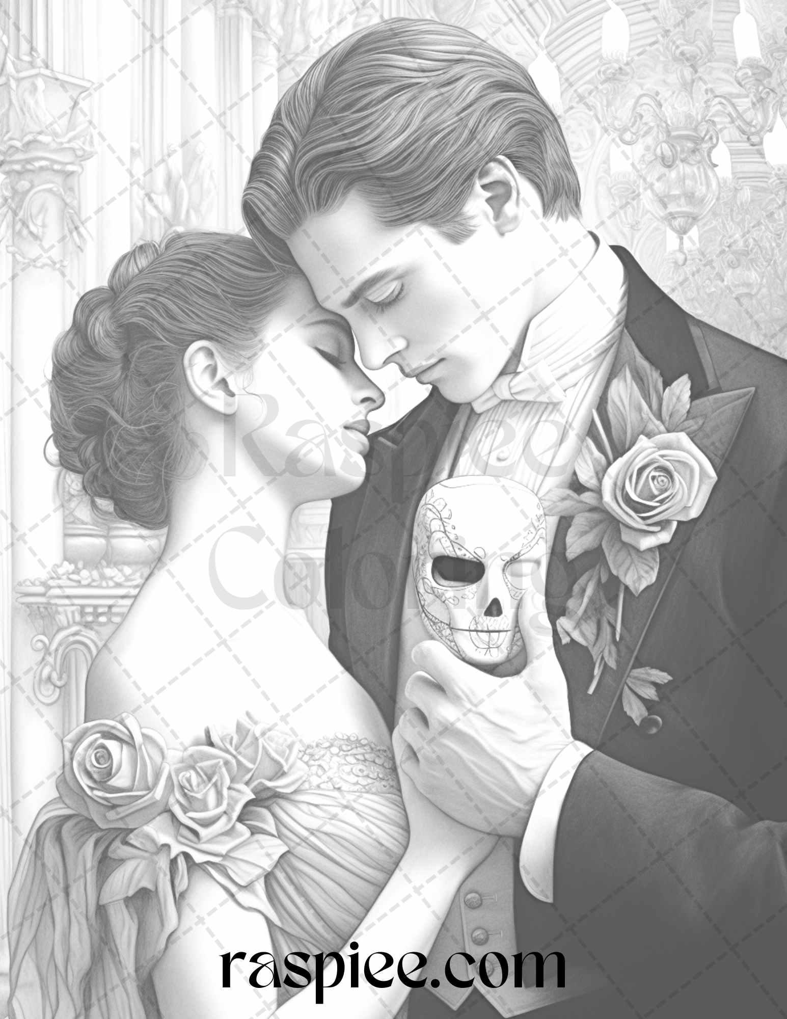 Phantom of the Opera Grayscale Coloring Pages Printable for Adults, PDF File Instant Download