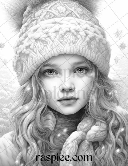 60 Beautiful Winter Girls Grayscale Coloring Pages Printable for Adults, PDF File Instant Download