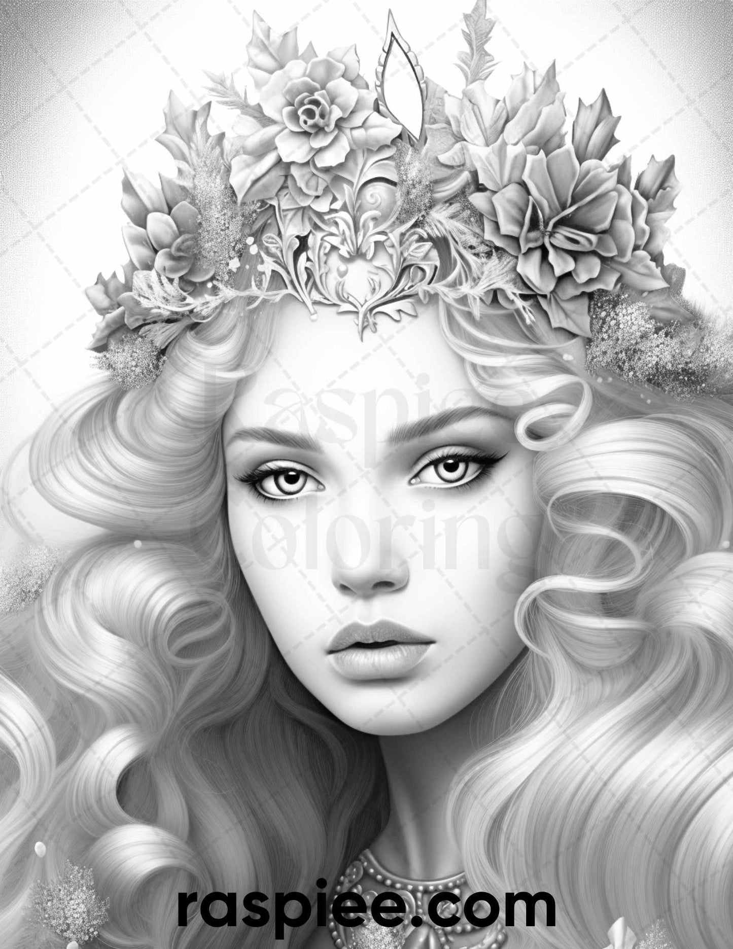 50 Winter Queens Portrait Grayscale Coloring Pages Printable for Adults, PDF File Instant Download
