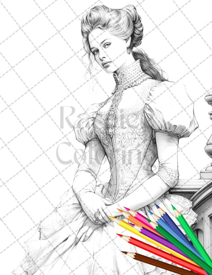 50 Victorian Fashion Grayscale Coloring Pages Printable for Adults, PDF File Instant Download