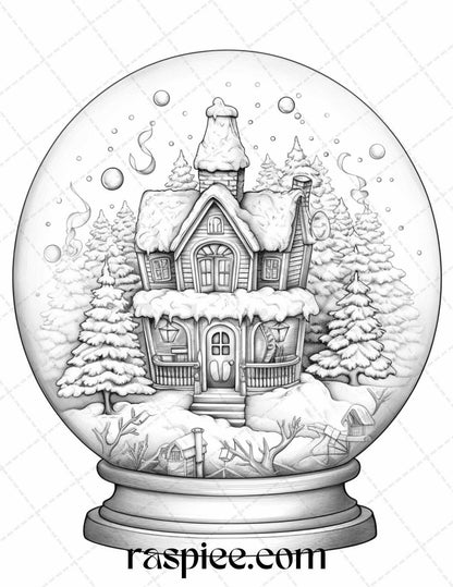 Cozy Cabin in Snow Globe Grayscale Coloring Pages Printable for Adults, PDF File Instant Download