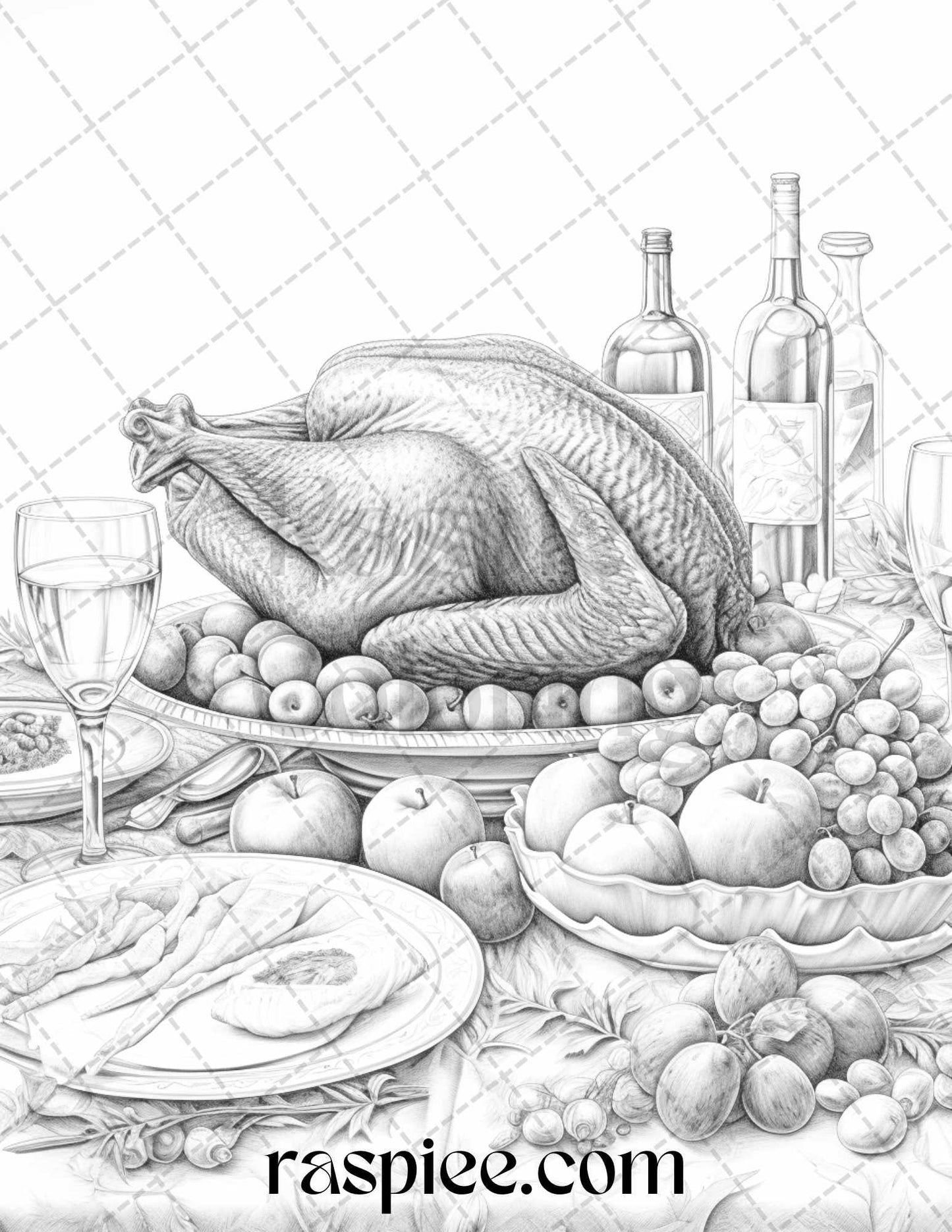 Thanksgiving Dinner Grayscale Coloring Pages for Adults, Relaxing Fall Coloring Sheets, Printable PDF File Instant Download