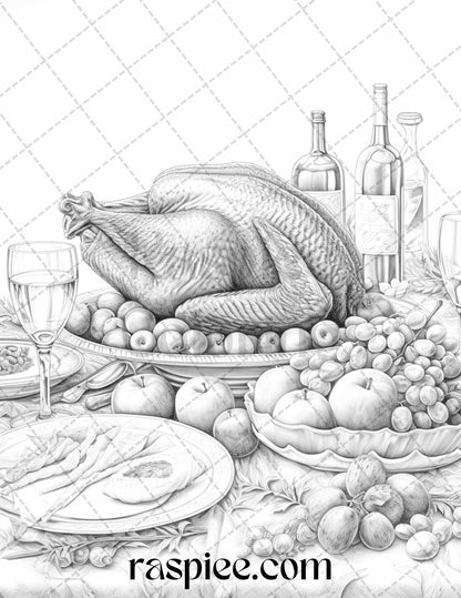 Thanksgiving Dinner Grayscale Coloring Pages for Adults, Relaxing Fall Coloring Sheets, Printable PDF File Instant Download