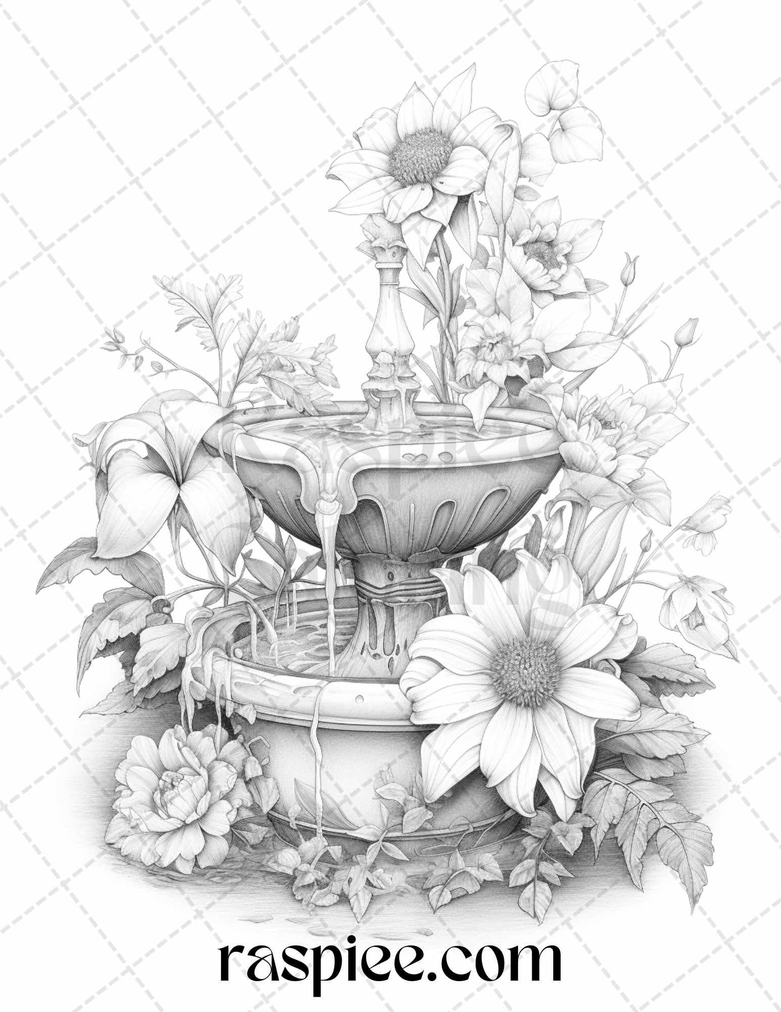 32 Blooming Fountains Grayscale Coloring Pages Printable for Adults, PDF File Instant Download