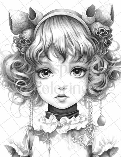60 Adorable Gothic Girls Grayscale Coloring Pages Printable for Adults, PDF File Instant Download