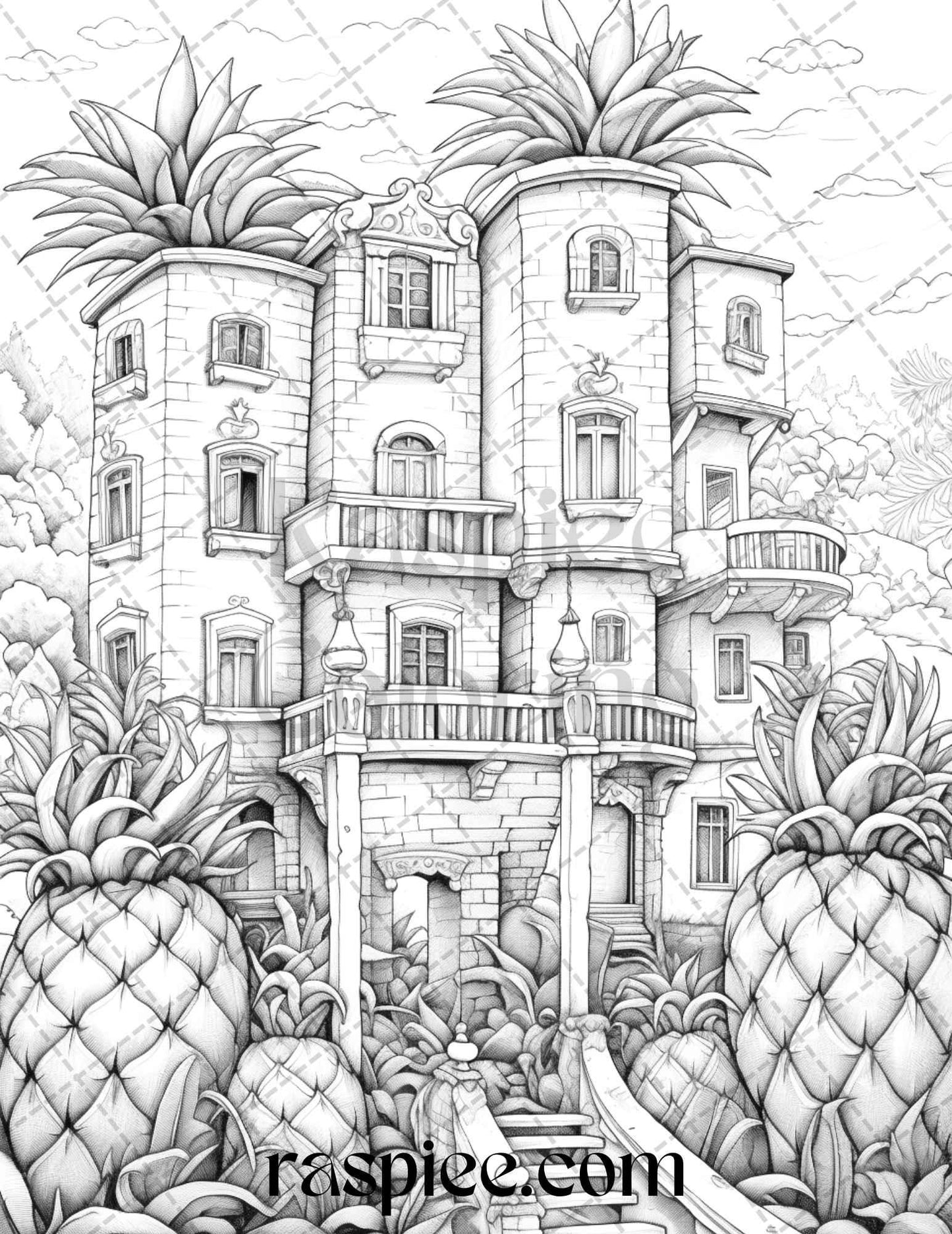 50 Pineapple Houses Grayscale Coloring Pages Printable for Adults, PDF File Instant Download