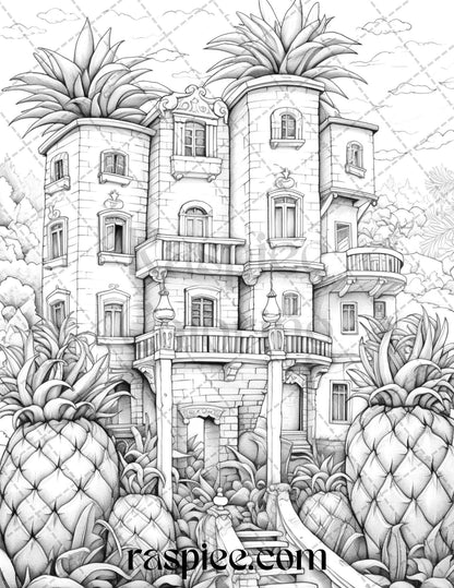 50 Pineapple Houses Grayscale Coloring Pages Printable for Adults, PDF File Instant Download