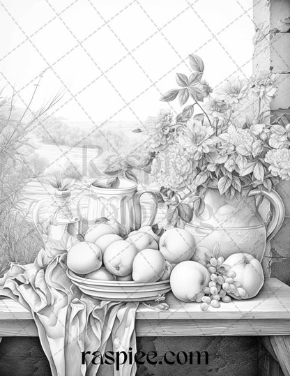 52 Still Life Grayscale Coloring Pages Printable for Adults, PDF File Instant Download