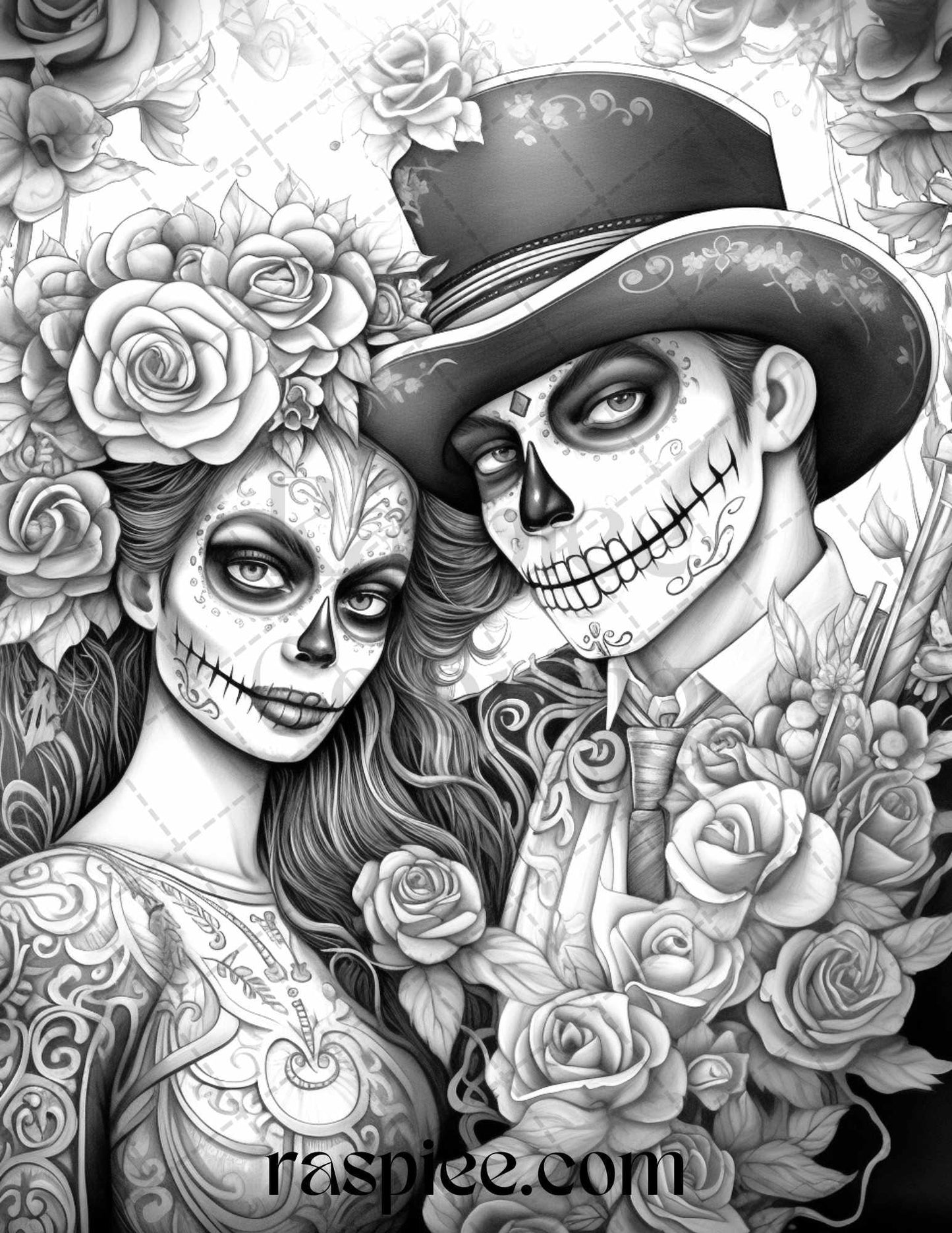 50 Day of the Dead Grayscale Coloring Pages Printable for Adults, PDF File Instant Download
