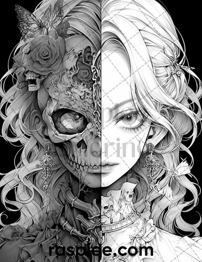 60 Horror Beauties Grayscale Coloring Pages Printable for Adults, PDF File Instant Download