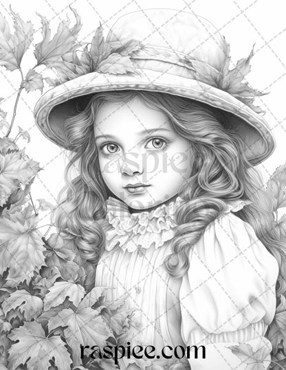 60 Victorian Autumn Portrait Grayscale Coloring Pages Printable for Adults, PDF File Instant Download
