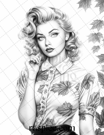 55 Autumn Pin Up Girls Grayscale Coloring Pages Printable for Adults, PDF File Instant Download